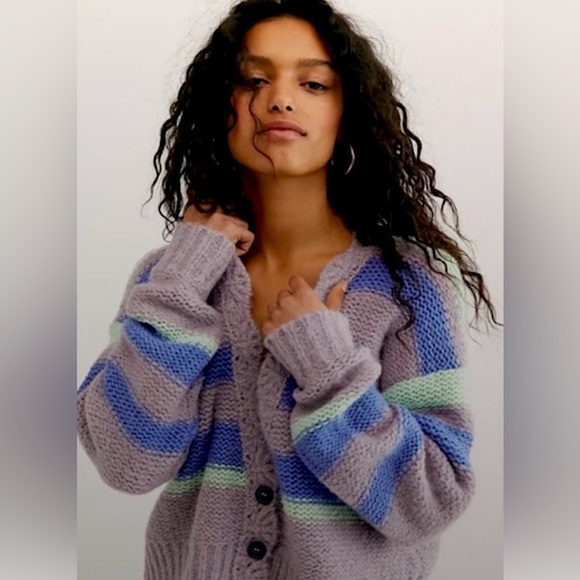 FREE PEOPLE Fine Time Sweater Cardigan‎ Wool Blend Striped M - Picture 11 of 11